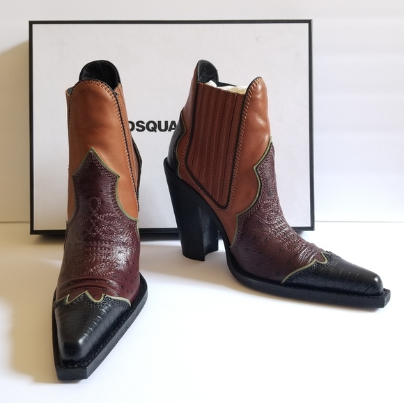 Dsquared2 Embroidered Pointed Toe Western Leather Boots Size 38 Brown Bl… - Picture 7 of 11